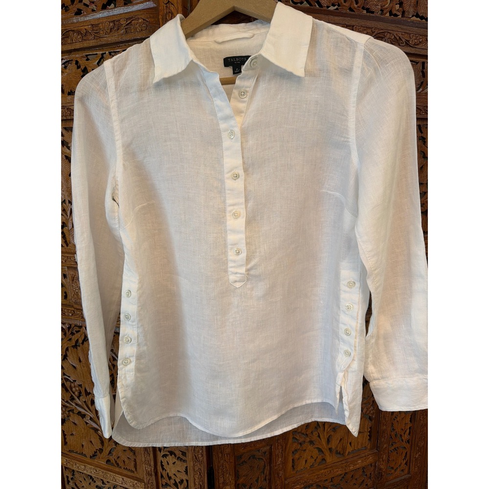 Talbots Petite White 100% Linen Henley Tunic Roll Tab Sleeve Shirt Size P
